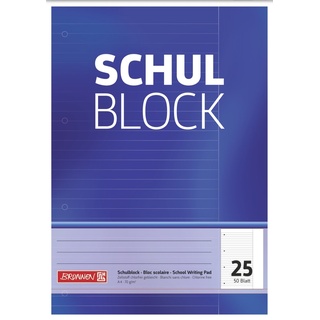 Brunnen 1052525 Schulblock / Notizblock (A4, 50 Blatt, liniert, mit Rand, Lineatur 25, gelocht, kopfverleimt, 70 g/m2)