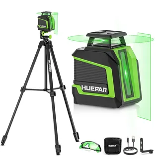 Huepar 360° Laser Wasserwaage mit 152 cm Stativ, Kreuzlinienlaser grün mit Pulsmodus, 3 Helligkeitsstufen, Selbstnivellierend, wiederaufladbarem Li-Ionen-Akku für Heimwerkerprojekte im Innenbereich