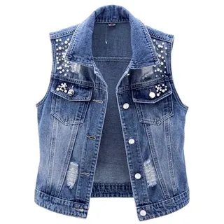 ZISTRCBAO Damen-Jeansweste – Perlen-Jeansweste, Übergröße, Kurze Ärmellose Jacke, Weste, Vintage-Weste, Zerrissene Damen-Strickjacke, Lockerer Kurzmantel, Lässige Weste, Wie Abgebildet, Xxl - XXL