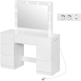 Woltu Schminktisch mit Spiegel LED-Beleuchtung, Steckdose, 7 Schubladen, Weiß