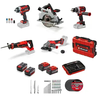 Einhell Akku-Werkzeug-Set 18V Power X-Change – 5 Geräte + 4 Akkus + Zubehör (Schlagschrauber, Bohrschrauber, Universalsäge, Handkreissäge, Winkelschleifer, Akkus 2x 4 Ah, 2x 5,2 Ah, 4 E-Case, Zubehör)