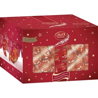 Lindt Schokolade Baumbehang LINDOR Milch | 1 x 500 g Köcher | LINDOR Mond, Kugel und Glocke mit unendlich zartschmelzender Füllung | Schokoladengeschenk zu Weihnachten | Pralinen-Geschenk