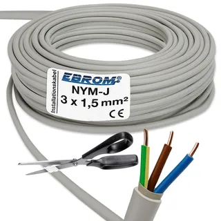 EBROM NYM-J 3x1,5 mm2 - Installationskabel - Mantelleitung - Feuchtraumkabel - Installationsleitung - grau - Große Mengenauswahl in 1 Meter Schritten - 3x1,5 mm2, Ihre Längenauswahl: 20 Meter