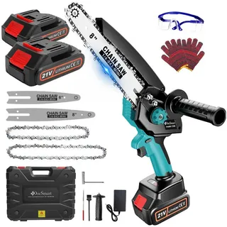 OKWISH Akku-Kettensäge Mini Kettensäge Motorsäge Einhand kabellos, Bürstenlos 800W 21V Elektro-Kettensäge mit Werkzeugkoffer / Zubehören, Elektrokettensäge mit 2x 2000mAh Akku 2x Ketten 6-Zoll und 8-Zoll, Set für Gartenscheren Astschere Holzschneidenz blau|grün|schwarz