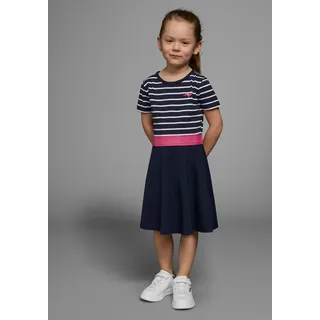 Jerseykleid KANGAROOS "für kleine Mädchen", Mädchen, Gr. 128/134, N-Gr, blau (marine, gestreift), Jersey, Obermaterial: 95% Baumwolle, 5% Elasthan, geringelt, mehrfarbig, modisch, ausgestellt kniefrei, Rundhals, Kurzarm abgesteppte Kante, Kleider Ringelkleid, kniefrei, aus Jersey, kurzärmelig