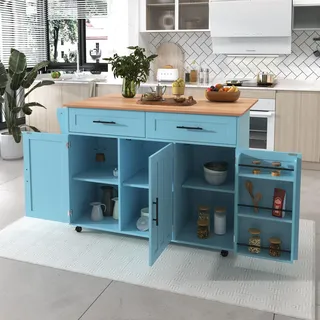 Merax Kücheninsel mit 5 versteckten Rollen, Küchenwagen mit erweiterbarer Arbeitsplatte Sideboard mit Schrank/höhenverstellbar Regal/Handtuchhalter/abnehmbarem Besteckkoffer, Blau*