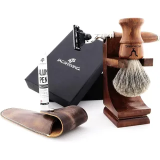 JAG SHAVING Rasierset 5-teiliges Premium- und Private-Holz-Rasierset für Herren, 5-tlg., Gillette Mach3 Rasierer, Haarbürste, Lederetui, Alaun-Stickständer, perfekt für Männer Geschenkset