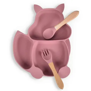 mohito Baby Teller Schüssel,Baby Essen Geschirr Set Mini Silikon Tischset für Baby Teller Baby rutschfest Babyteller mit Saugnapf Kinderteller mit Saugnapf- BPA freies(Eichhörnchen-Rosa)