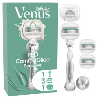 Gillette Venus ComfortGlide Sensitive mit einem Hauch von Aloe Vera, 3 Ersatzklingen, langlebiges Metallhandstück und Duschhalterung