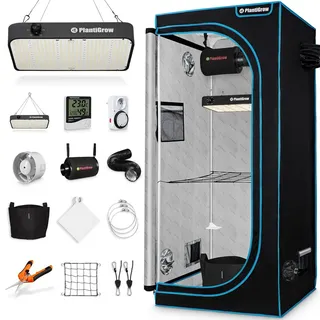 plantigrow Growbox Komplettset 150W LED Vollspektrum Dimmbar, Carbon-Filter, Ventilator, 120 x 60 x 180 cm Schwarz