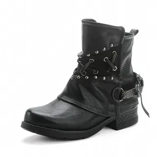 pogolino Damen Stiefeletten Nieten Biker Boots mit Reißverschluß flach bequem Stiefel ST016 (ST107 Schwarz 37) - 37 EU