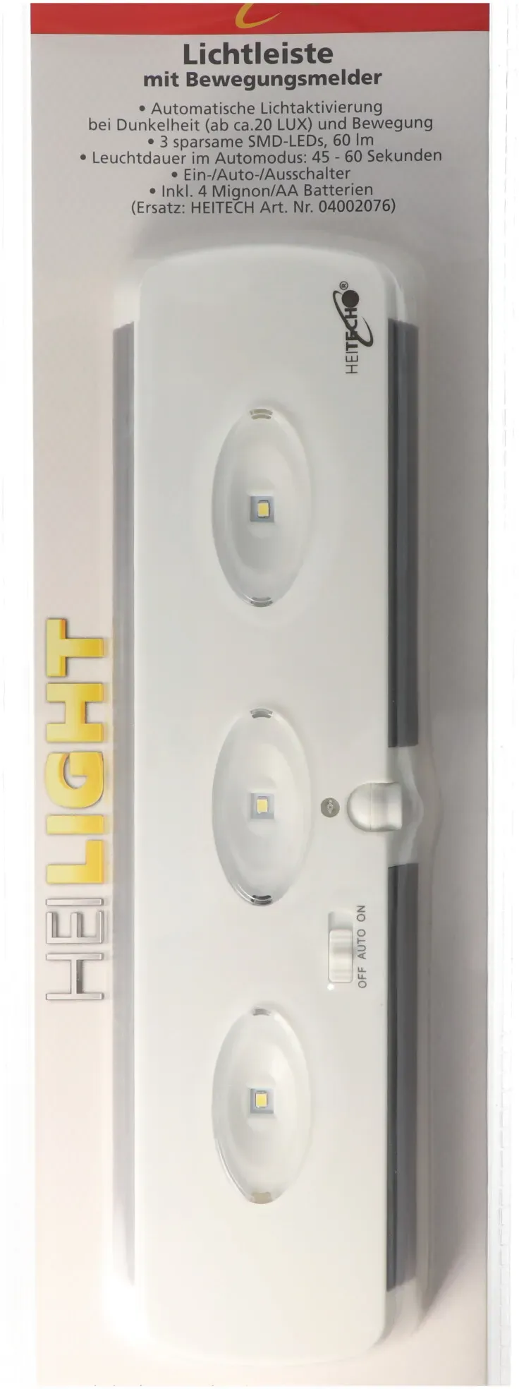 Lichtleiste mit Bewegungsmelder, automatische Licktaktivierung bei Dunkelheit und Bewegung, 3x SMD-LEDs, mit Ein-/Auto-/Ausschalter