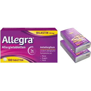 Allegra Allergietabletten | 100 Stk & 2 x Allegra Taschentücher | Antihistaminikum | Wirkstoff Bilastin | schnell und 24 Std wirksam bei Heuschnupfen, Tierhaar-, Hausstaubmilben-, Schimmelpilzallergie