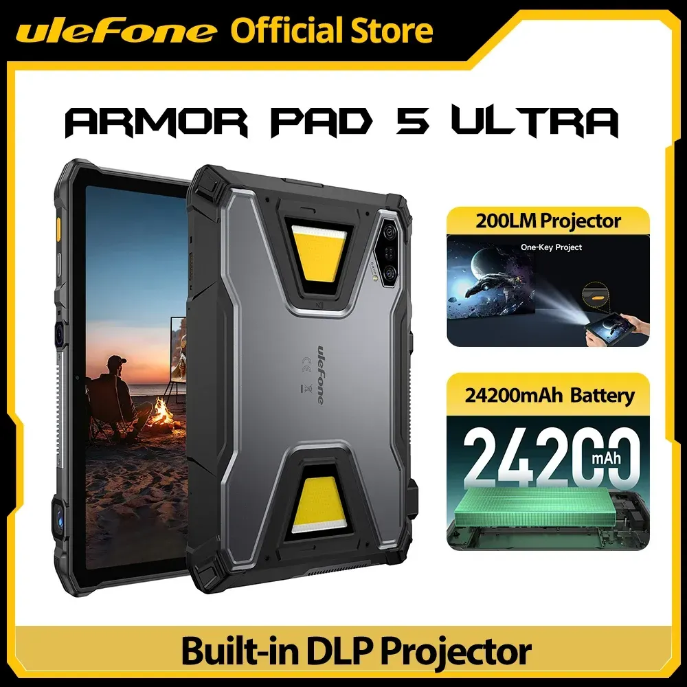 Ulefone Armor Pad 5 Ultra 5G Robustes Tablet Tragbarer Projektor 200LM 24200 mAh 120W Bis zu 12GB + 512GB Android 15 11" FHD 64MP Nachtsichtkamera