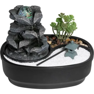 NATIV LEMODO Zimmerbrunnen mit LED-Beleuchtung, Tischbrunnen mit Glaskugel, dekorativer Zierbrunnen mit Wasserfall und Zen Garten, Wasserbrunnen für Zuhause, Zimmerbrunnen als Zimmer Deko