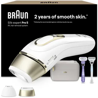Braun IPL Silk Expert Pro 5 – IPL Geräte Haarentfernung, Dauerhafte und Schmerzfreie Haarentfernung für Zuhause – inkl. Etui, 2 Venus Rasierer, 2 Aufsätze, Designed In Germany – PL5157, Weiß/Gold