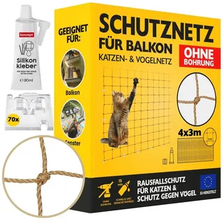 konzept 11 - Katzennetz für Balkon Ohne Bohren Set 4x3M, Vogelabwehr Sicherheitsnetz für Fenster, Balkon, Katze, Starker Balkonnetz Vogelschutznetz Volierennetz