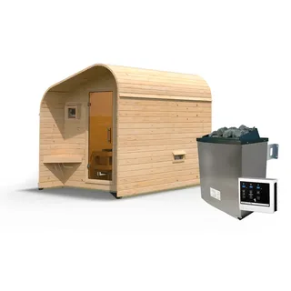 Karibu Gartensauna/Saunafass Fasshaus 2 asymmetrisch 9 kW Ofen inkl. Steuergerät inkl. gratis Saunaofen im Wert von 599,99 €