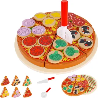 Kruzzel Pizza-Set Zubehör aus Holz für Kinderküche und Kaufladen Inklusive Schneidebrett und Pizzaschneider 27 Teile 22471,