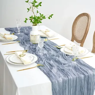 Blauer Tischläufer, 90 x 400 cm Gaze, Tischläufer, Boho Käseläufer, rustikale elegante Tischdekoration für Hochzeit Taufe Baby Shower Urlaub Party