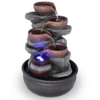 bmf-versand bmF-versand® Tischbrunnen Grau mit RGB Farbwechsel - dekorative Leuchte mit LED & Leuchtfunktion - Zimmerbrunnen mit Wasserfall-Pumpe & 6 Stufen - perfekte Deko für Wohnzimmer, Büro & Schlafzimmer