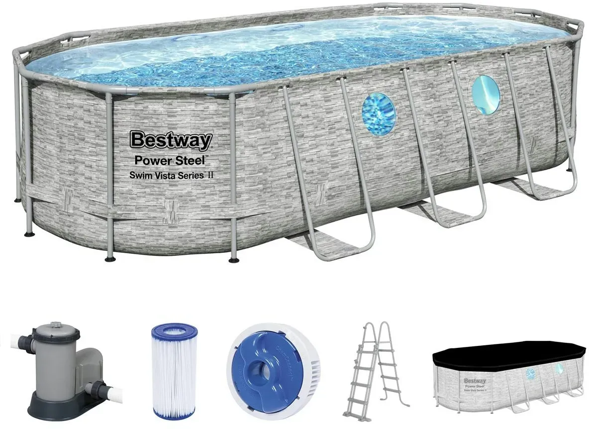 Bestway Power Steel Swim Vista Series Frame Pool Komplett-Set mit Filterpumpe 549 x 274 x 122 cm, Steinwand-Optik (Cremegrau), oval