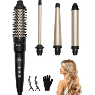 9/13-25/32/38mm Thermal Brush & Lockenstab Set, OKWRAP 4 in 1 Thermobürsten-Set, Thermobürste Mit Verschiedenen Aufsätzen, Multifunktionales Styling-Kit mit 100–230 °C (Schwarzes Gold)