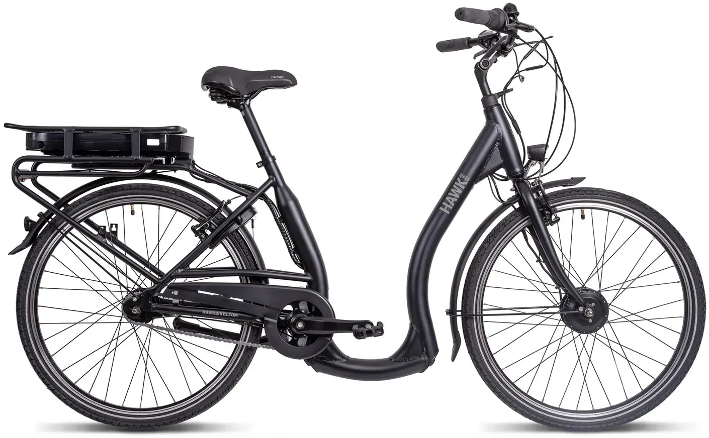 HAWK eCity Comfort E-Bike Herren & Damen 250W I Fahrrad mit Aluminiumrahmen I E Bike Herren 26 Zoll mit tiefem Einstieg 7 Gang Nabenschaltung