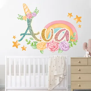 AdesiivoStudio Wandtattoo mit Einhorn-Namen, personalisierbar für Mädchenzimmer, personalisierbar (Einhornhorn mit Blumen), Rosa