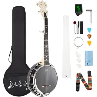 Mulucky 5-saitiger Banjo Mini, Reise-Banjo mit Remo Kopf, Resonator und 5. Stimmgerät, Anfangsset mit Stimmgerät, Gurt, Schlüssel, Plektren, Lineal – B803