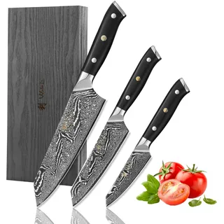 Wakoli Nitoko 3er Kiritsuke Damastmesser-Set – Profi Damast-Küchenmesser Set aus echtem Damaststahl mit G10 Griffen, Full tang