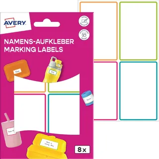 Avery Zweckform NAME8C, Namensaufkleber Kinder wasserfest 8 Stück (46x72mm, Folie, selbstklebende Namens-Etiketten, beschriftbare Namensschilder, Spülmaschinenfest, für Schule, Kindergarten) bunt