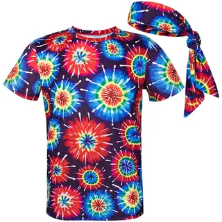 COSAVOROCK Herren 60er 70er Jahre Funky Psychedelic Hippie Kostüm T-Shirts mit Stirnbänder Mehrfarbig XL - XL