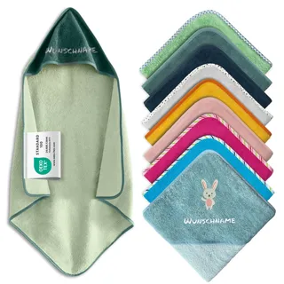 Kapuzenhandtuch Baby mit Namen Bestickt, Oeko-TEX® Standard 100 - Personalisiertes Babyhandtuch mit Kapuze aus Reiner Baumwolle mit gesticktem Namen und Motiv (Dunkelgrün, 100 x 100 cm)