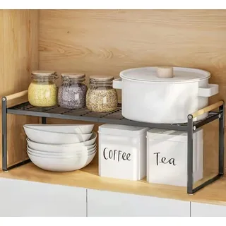 HGYZE Küchenregal Arbeitsplatte Organizer, Gewürzregale Stehend, Metall & Holz Stapelbarer Regal, Regaleinsatz für Küchenschrank Geeignet für Zuhause & Küche - 50 * 21 * 20 Tischregal (Schwarz)