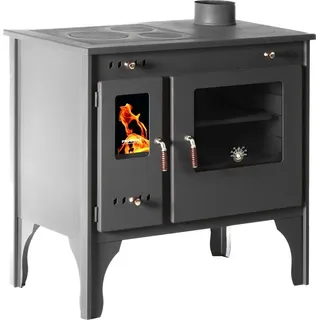 Prometey Kaminofen mit Backfach und Herdplatte Retro Eco Schwarz Rechts Holzofen 7 kW Kamin Ofen Holz Werkstattofen Hüttenofen Heizofen Gartenofen