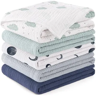 Susurration Mulltücher Baby Spucktücher,5er-Pack 100% Baumwolle Spucktücher Baby für Jungen und Mädchen, Weich, Atmungsaktiv und Extrem Saugfähig Musselin 60x60cm (Blauer Druck)