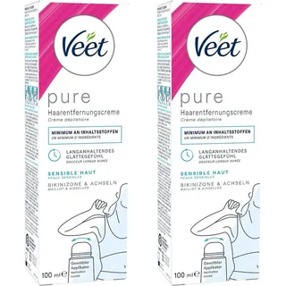 Veet Enthaarungscreme PURE (2 x 100ml), Spar-Pack, 2 St., für Bikini & Achseln, mit gewölbtem Applikator und Spatel