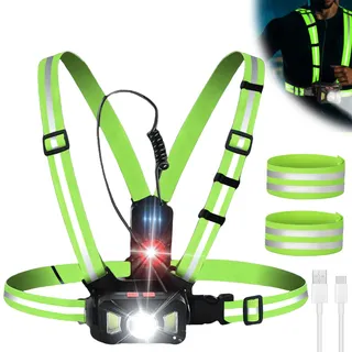 Lauflicht mit Reflektoren, Brustlampe mit Reflektorband, USB Wiederaufladbare Brustlampe zum joggen, Einstellbarer Abstrahlwinkel Lauflampe Joggen, IPX65 Wasserdichte Lauflicht für Joggen, Laufen