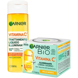 Garnier Bio Gesichtscreme Tag Vitamin C für stumpfe Haut, reduziert feine Linien mit Super Zitrus 50 ml + SkinActive Flüssigbehandlung für empfindliche Haut, 120 ml