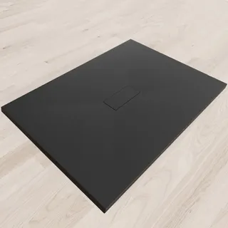 Moments of Glass SMC Duschwanne 140x100 cm, Extra Flache Duschtasse 26MM Mit Anti-Rutsch-Oberfläche in Schieferoptik/Steinoptik - Langlebig, Robust, Inkl. Ablaufgarnitur Mit Deckel - Schwarz