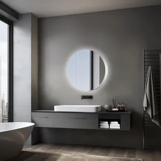 Talos Silver Picasso Style Ø80 cm - Spiegelschrank Bad mit 2 Ablageflächen - Aluminium - Rückwand verspiegelt