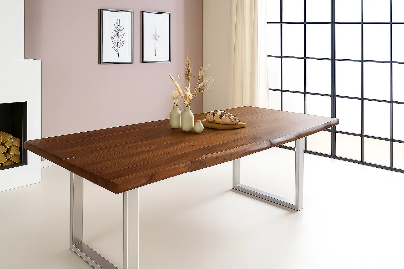Esstisch Baumkante 220 x 110 cm Akazie Nussbaum U-Gestell silber VALIN
