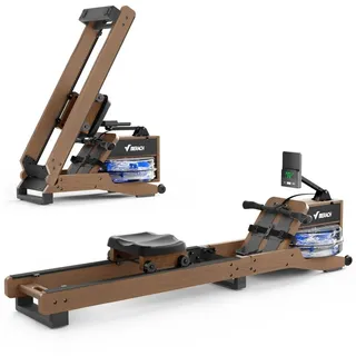 MERACH Rudergerät Wasser Rudergerät für Zuhause aus Holz, Rudermaschine mit Bluetooth (Rudergerät Wasser aus Eiche mit LCD-Datenanzeige, Verstellbarer Tablethalterung & ergonomischer Sitz), kompatibel mit Kinomap, Rudergeräte 158kg belastbar braun