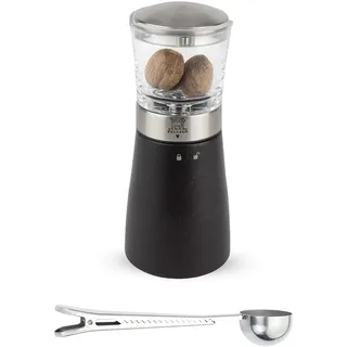 Peugeot - Madras Manuelle Muskatmühle – Gewürzmühle – Edelstahl Geschenkset – mit Gewürzschaufel und Clip aus Edelstahl (schwarzes Strandholz)