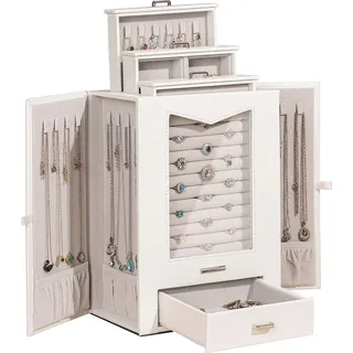 Schmuckkästchen mit echtem Glasfenster Halsketten Haken Schmuckkasten Schmuckschrank für Halsketten Ringe Ohrringe Armbänder, Geschenk für Frau... - Weiß