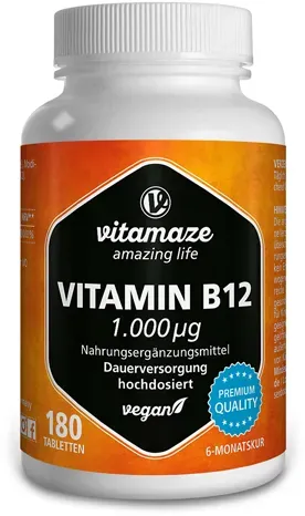 Vitamin B12 hochdosiert und vegan, 180 Tabletten für 6 Monate Dauerversorgung