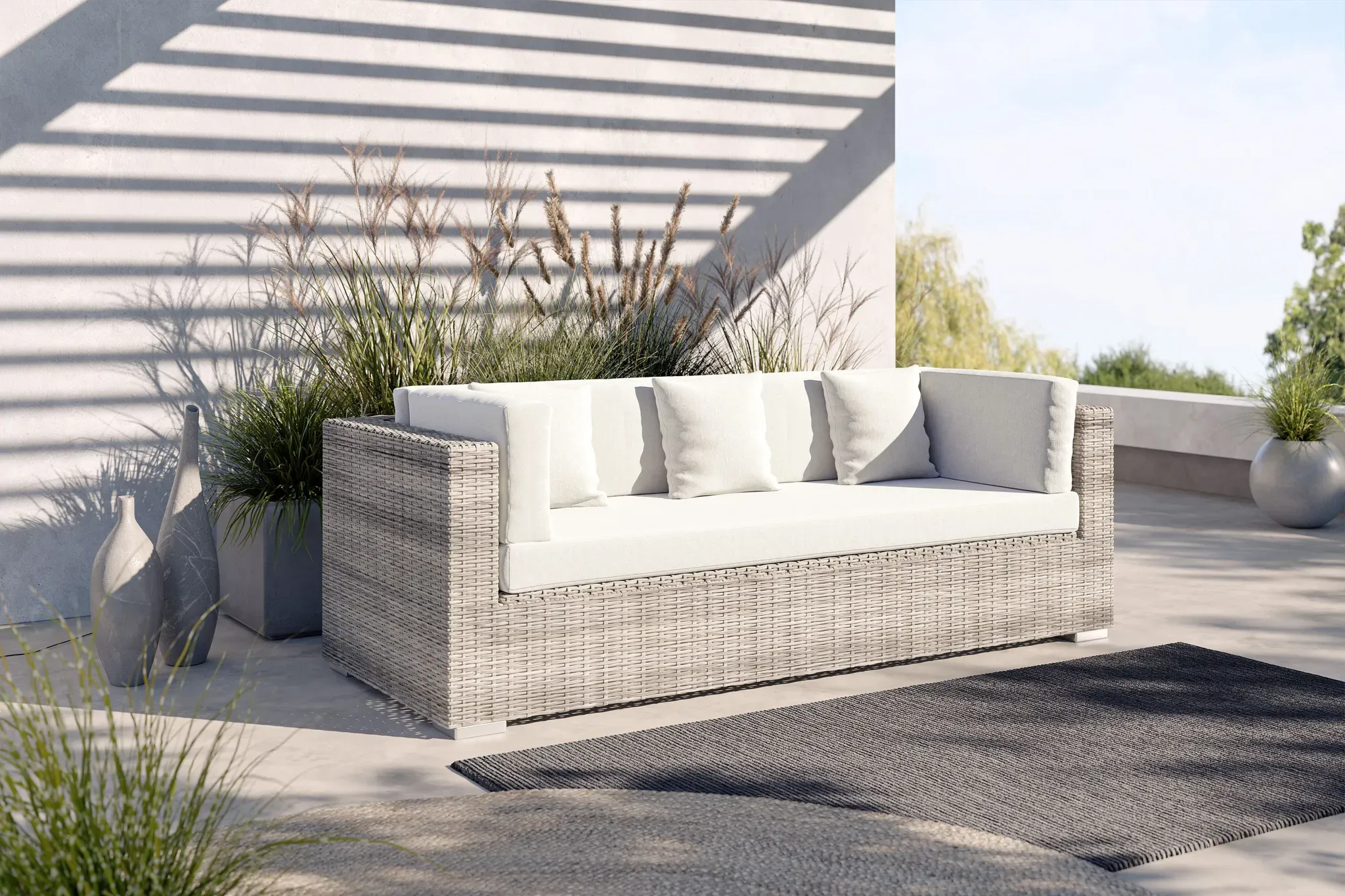 OUTFLEXX Gartensofa, 3-Sitzer, beige, Polyrattan, 209 x 84 cm, mit Kissenboxfunktion