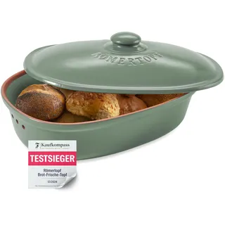 Römertopf Brottopf oval MAXI 6,5 Liter - Brotkasten Grün aus Keramik - Atmungsaktiver Tontopf für langanhaltende Frische von Brot und Brötchen