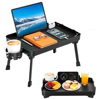 KDD Betttablett Tisch mit Klappbaren Beinen, Frühstückstablett fürs Bett mit Abnehmbarem Getränkehalter & Handy-/Tablethalter, Serviertablett & Laptop Tisch für Bett Sofa Arbeit Snack Tablett Lesen